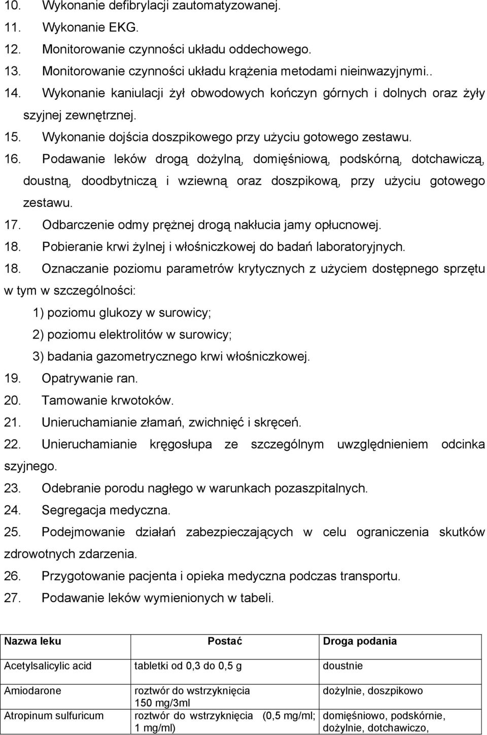 Podawanie leków drogą dożylną, domięśniową, podskórną, dotchawiczą, doustną, doodbytniczą i wziewną oraz doszpikową, przy użyciu gotowego zestawu. 17.