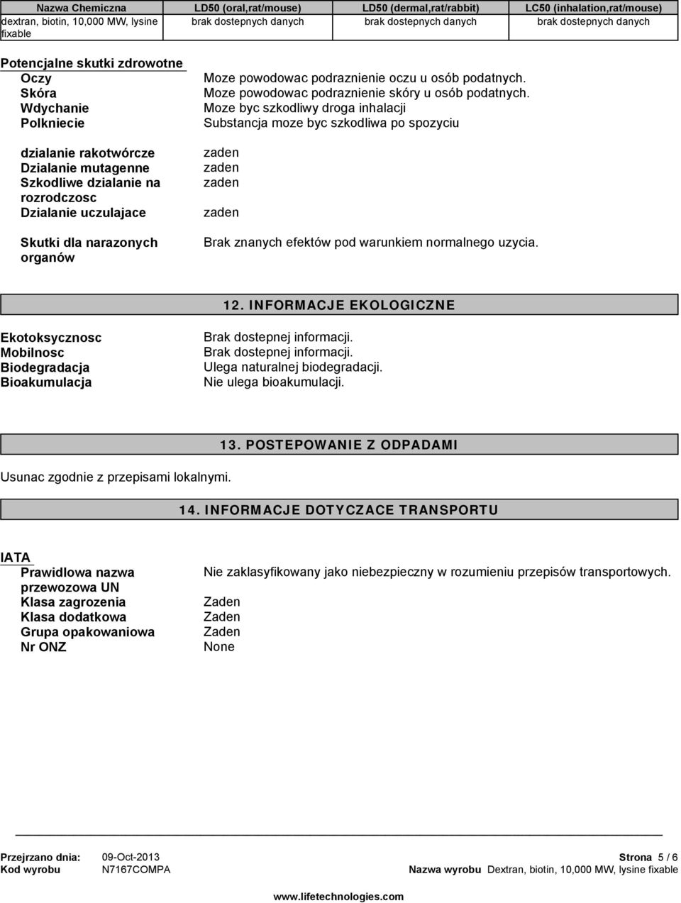 Moze byc szkodliwy droga inhalacji Substancja moze byc szkodliwa po spozyciu Brak znanych efektów pod warunkiem normalnego uzycia. 12.