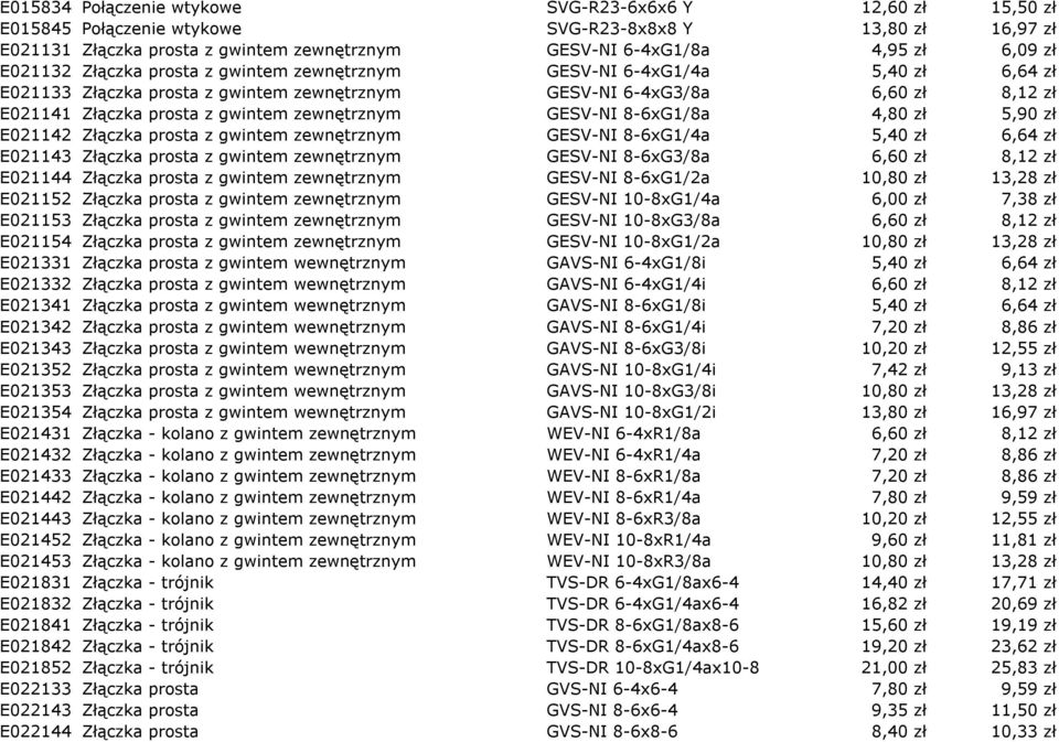 zewnętrznym GESV-NI 8-6xG1/8a 4,80 zł 5,90 zł E021142 Złączka prosta z gwintem zewnętrznym GESV-NI 8-6xG1/4a 5,40 zł 6,64 zł E021143 Złączka prosta z gwintem zewnętrznym GESV-NI 8-6xG3/8a 6,60 zł