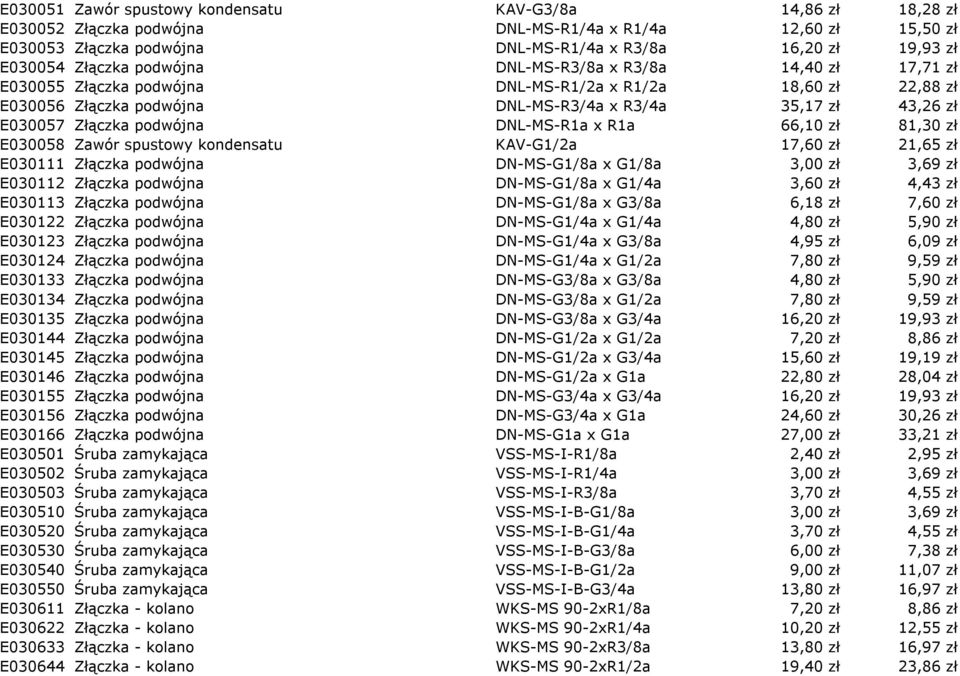 podwójna DNL-MS-R1a x R1a 66,10 zł 81,30 zł E030058 Zawór spustowy kondensatu KAV-G1/2a 17,60 zł 21,65 zł E030111 Złączka podwójna DN-MS-G1/8a x G1/8a 3,00 zł 3,69 zł E030112 Złączka podwójna