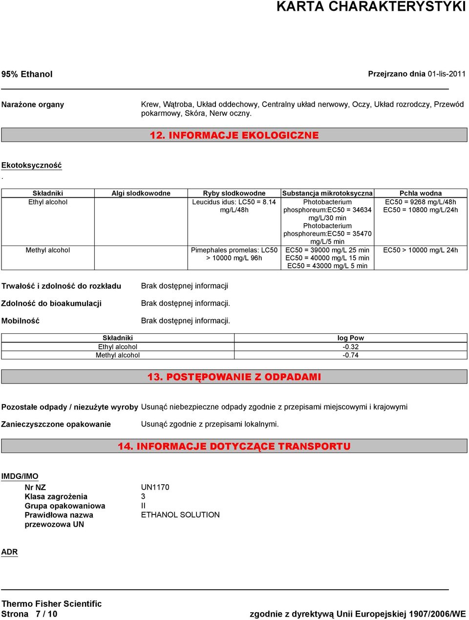 14 EC50 = 9268 mg/l/48h mg/l/48h EC50 = 10800 mg/l/24h Methyl alcohol Pimephales promelas: LC50 > 10000 mg/l 96h Photobacterium phosphoreum:ec50 = 34634 mg/l/30 min Photobacterium phosphoreum:ec50 =