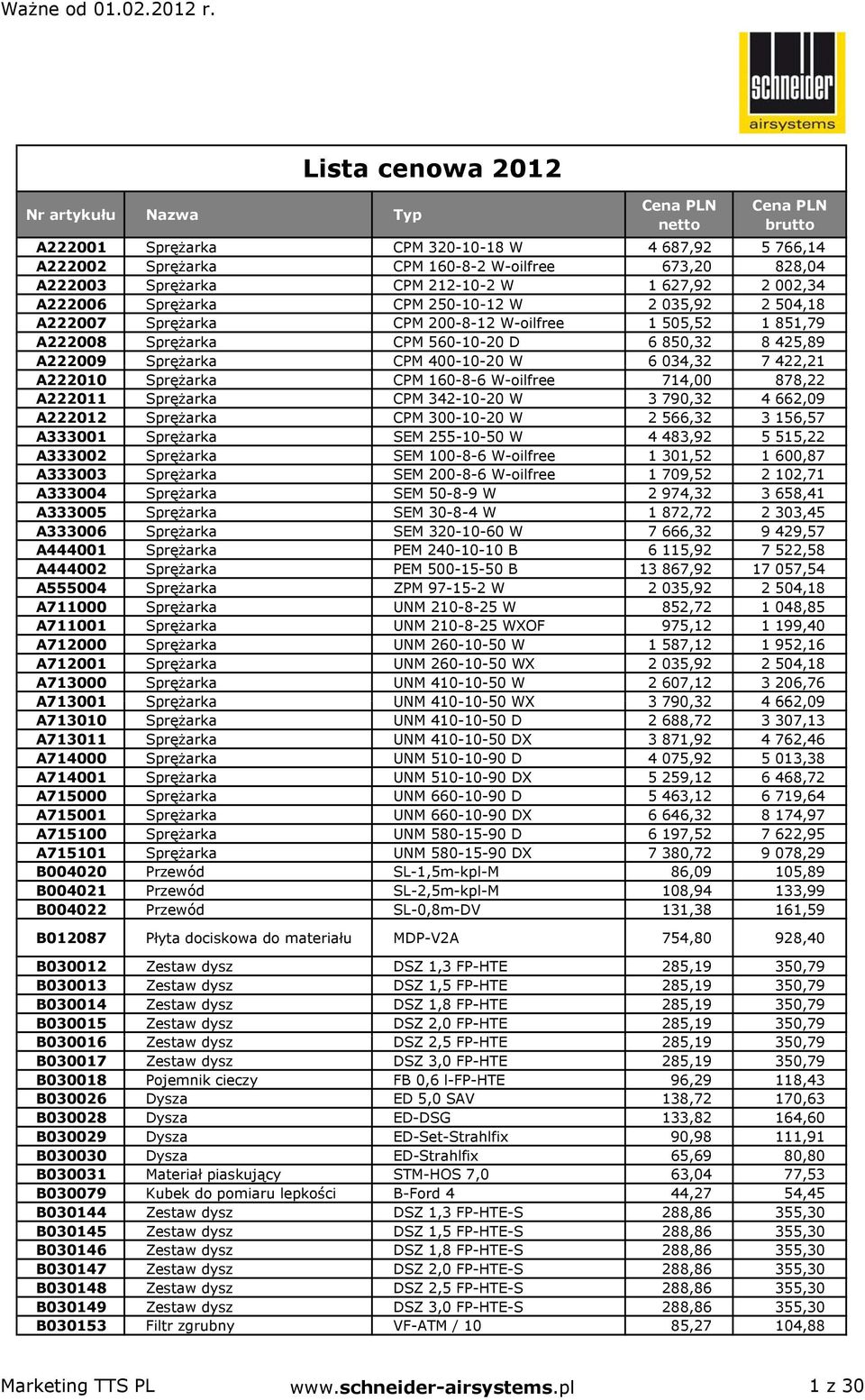 A222010 Sprężarka CPM 160-8-6 W-oilfree 714,00 878,22 A222011 Sprężarka CPM 342-10-20 W 3 790,32 4 662,09 A222012 Sprężarka CPM 300-10-20 W 2 566,32 3 156,57 A333001 Sprężarka SEM 255-10-50 W 4