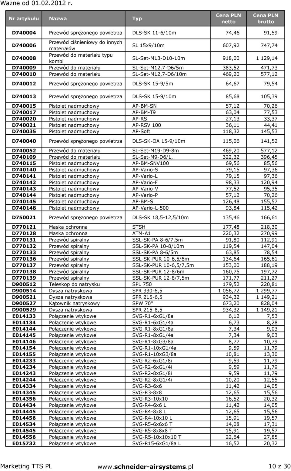 Przewód sprężonego DLS-SK 15-9/10m 85,68 105,39 D740015 Pistolet nadmuchowy AP-BM-SN 57,12 70,26 D740017 Pistolet nadmuchowy AP-BM-T9 63,04 77,53 D740020 Pistolet nadmuchowy AP-RS 27,13 33,37 D740021