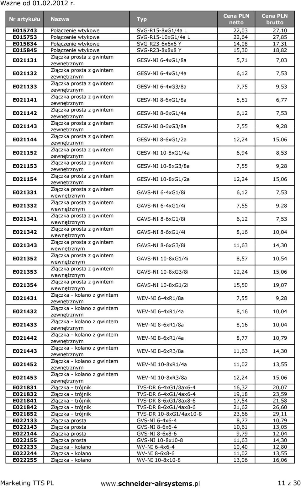 6,12 7,53 E021143 GESV-NI 8-6xG3/8a 7,55 9,28 E021144 GESV-NI 8-6xG1/2a 12,24 15,06 E021152 GESV-NI 10-8xG1/4a 6,94 8,53 E021153 GESV-NI 10-8xG3/8a 7,55 9,28 E021154 GESV-NI 10-8xG1/2a 12,24 15,06