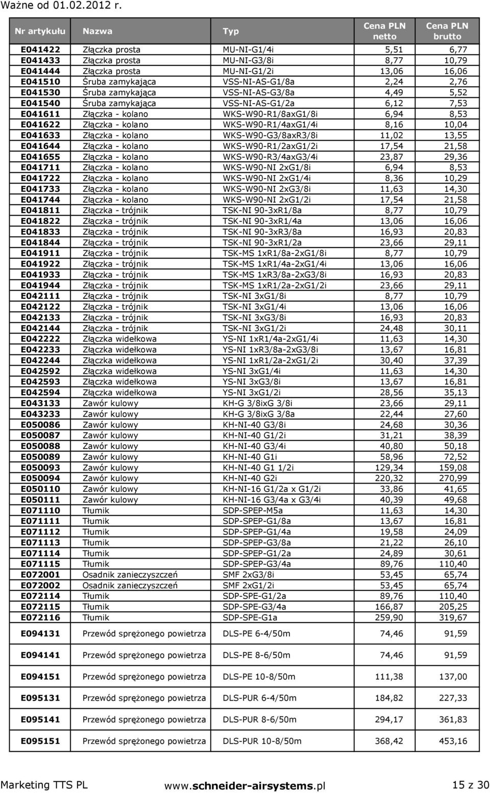 WKS-W90-R1/4axG1/4i 8,16 10,04 E041633 Złączka - kolano WKS-W90-G3/8axR3/8i 11,02 13,55 E041644 Złączka - kolano WKS-W90-R1/2axG1/2i 17,54 21,58 E041655 Złączka - kolano WKS-W90-R3/4axG3/4i 23,87