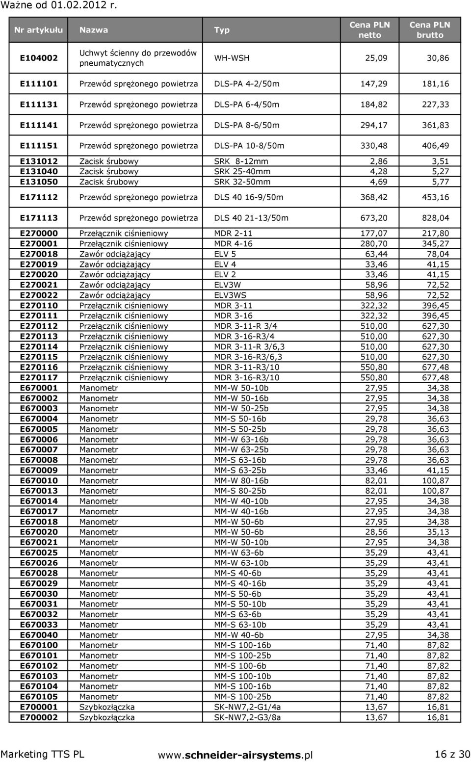 Zacisk śrubowy SRK 32-50mm 4,69 5,77 E171112 Przewód sprężonego DLS 40 16-9/50m 368,42 453,16 E171113 Przewód sprężonego DLS 40 21-13/50m 673,20 828,04 E270000 Przełącznik ciśnieniowy MDR 2-11 177,07