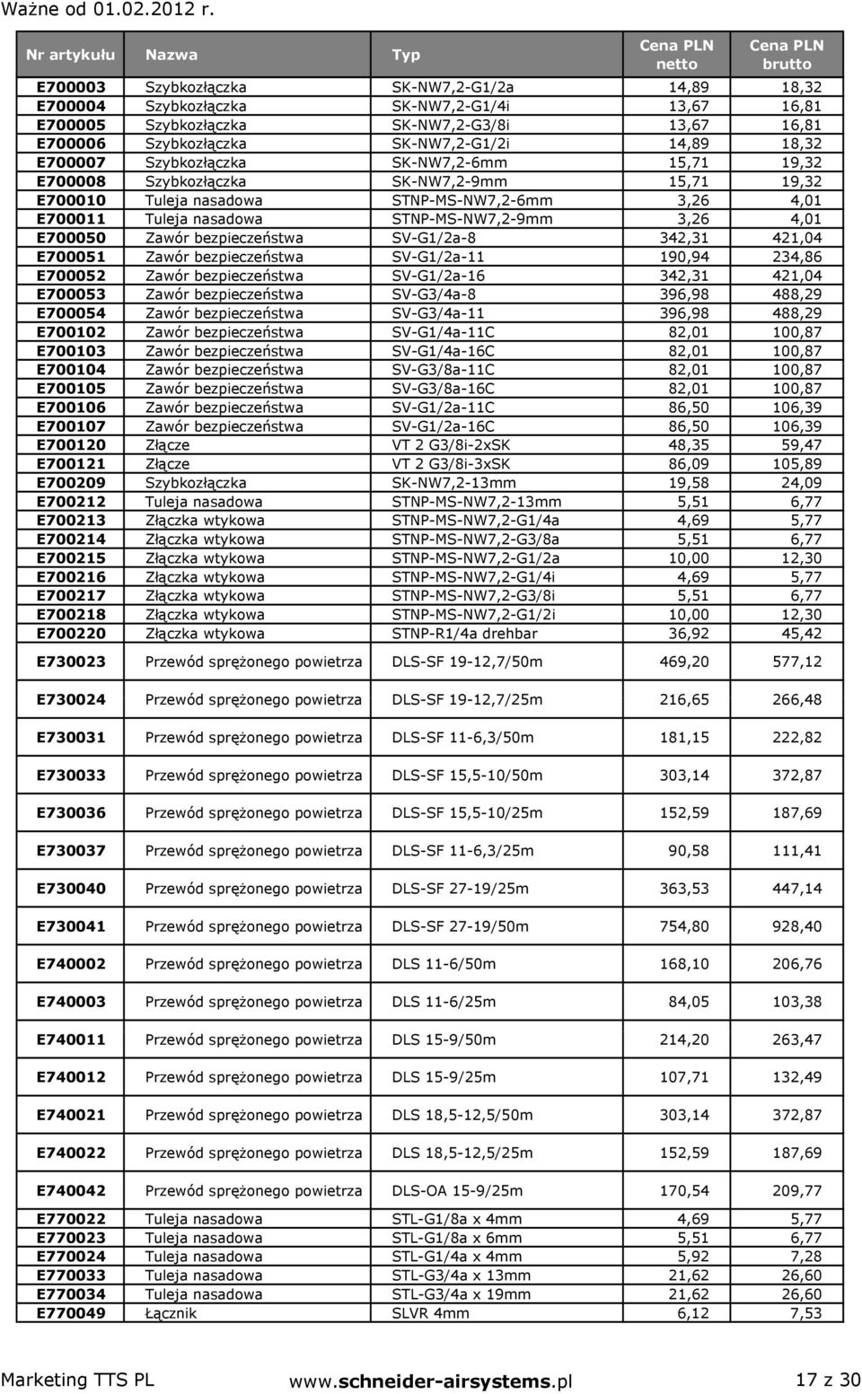 STNP-MS-NW7,2-9mm 3,26 4,01 E700050 Zawór bezpieczeństwa SV-G1/2a-8 342,31 421,04 E700051 Zawór bezpieczeństwa SV-G1/2a-11 190,94 234,86 E700052 Zawór bezpieczeństwa SV-G1/2a-16 342,31 421,04 E700053