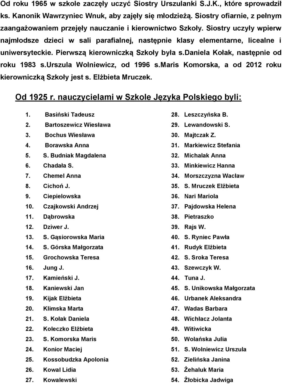 Pierwszą kierowniczką Szkoły była s.daniela Kołak, następnie od roku 1983 s.urszula Wolniewicz, od 1996 s.maris Komorska, a od 2012 roku kierowniczką Szkoły jest s. Elżbieta Mruczek. Od 1925 r.