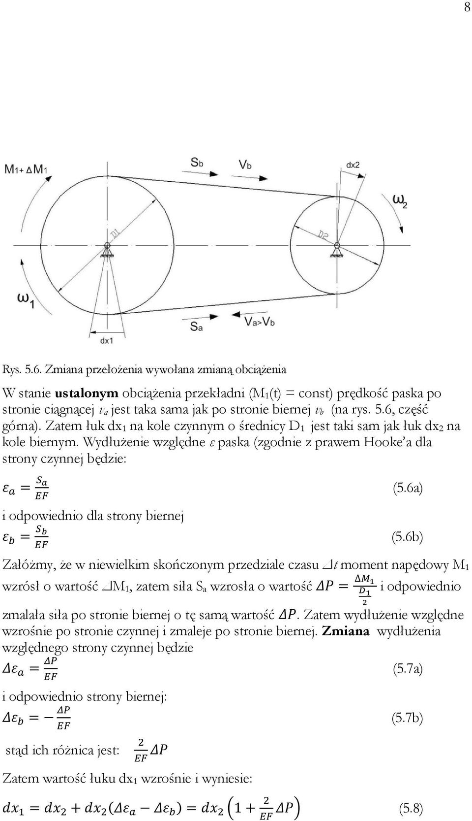 6, część górna). Zatem łuk dx 1 na kole czynnym o średnicy D 1 jest taki sam jak łuk dx 2 na kole biernym. Wydłużenie względne ε paska (zgodnie z prawem Hooke a dla strony czynnej będzie: (5.