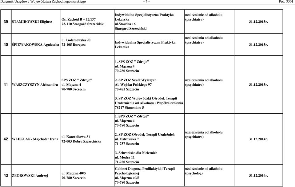 Wojska Polskiego 97 70-481 Szczecin 3. SP ZOZ Wojewódzki Ośrodek Terapii Uzależnienia od Alkoholu i Współzależnienia 78217 Stanomino 5 1. SPS ZOZ Zdroje 42 WLEKLAK- Majchofer Irena ul.