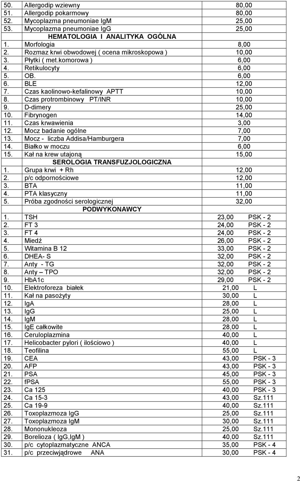 Czas protrombinowy PT/INR 10,00 9. D-dimery 25,00 10. Fibrynogen 14,00 11. Czas krwawienia 3,00 12. Mocz badanie ogólne 7,00 13. Mocz - liczba Addisa/Hamburgera 7,00 14. Białko w moczu 6,00 15.