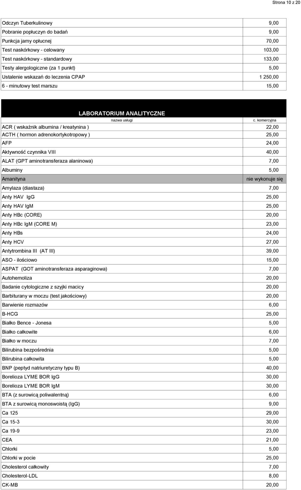 AFP 24,00 Aktywność czynnika VIII 40,00 ALAT (GPT aminotransferaza alaninowa) 7,00 Albuminy 5,00 Amanityna nie wykonuje się Amylaza (diastaza) 7,00 Anty HAV IgG 25,00 Anty HAV IgM 25,00 Anty HBc