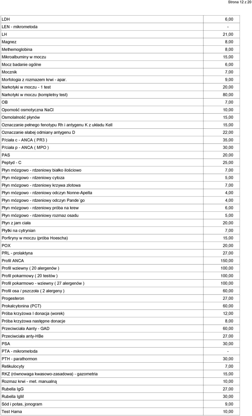 Kell 15,00 Oznaczanie słabej odmiany antygenu D 22,00 P/ciała c - ANCA ( PR3 ) 35,00 P/ciała p - ANCA ( MPO ) 30,00 PAS 20,00 Peptyd - C 25,00 Płyn mózgowo - rdzeniowy białko ilościowo 7,00 Płyn