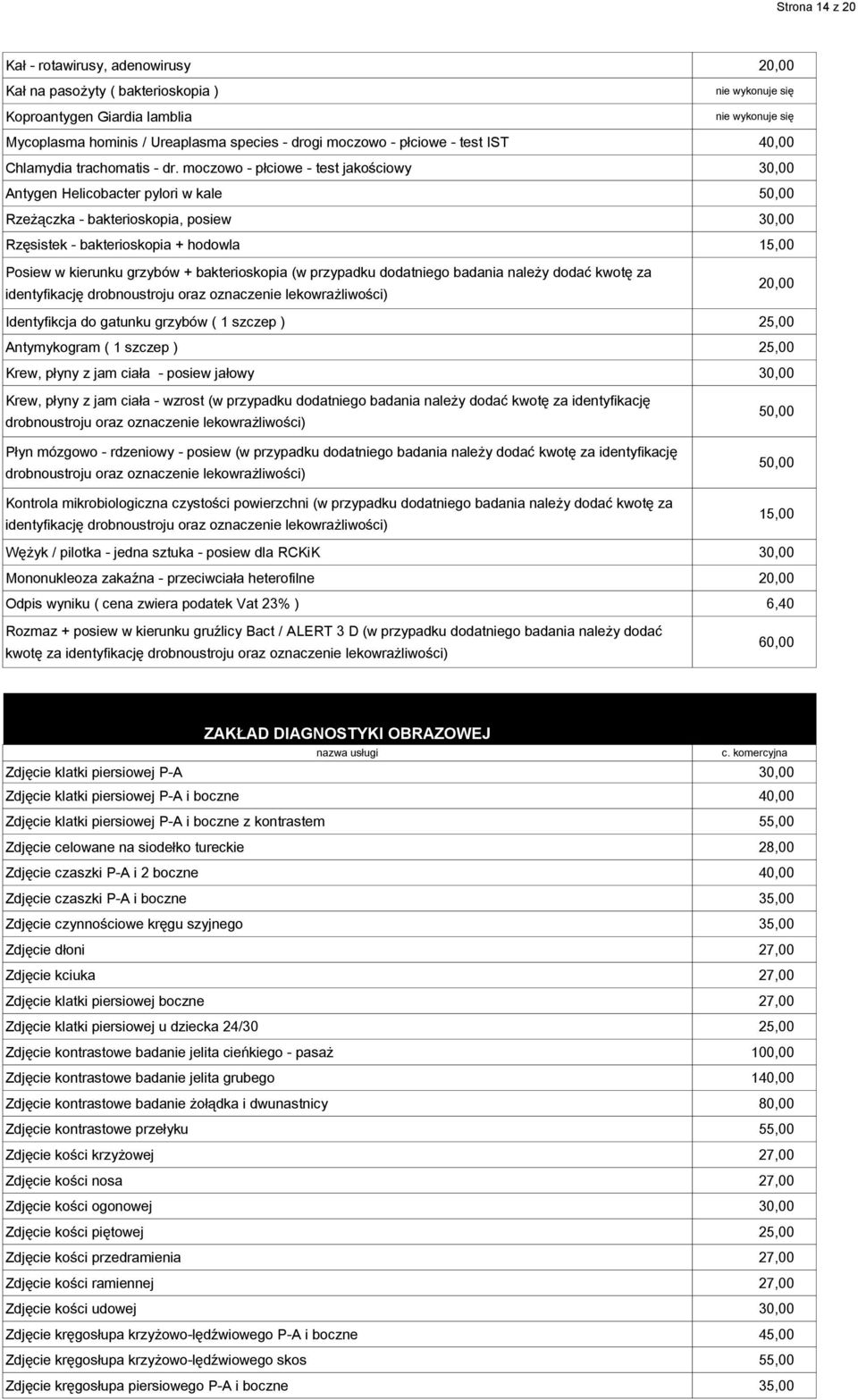 moczowo - płciowe - test jakościowy 30,00 Antygen Helicobacter pylori w kale 50,00 Rzeżączka - bakterioskopia, posiew 30,00 Rzęsistek - bakterioskopia + hodowla 15,00 Posiew w kierunku grzybów +