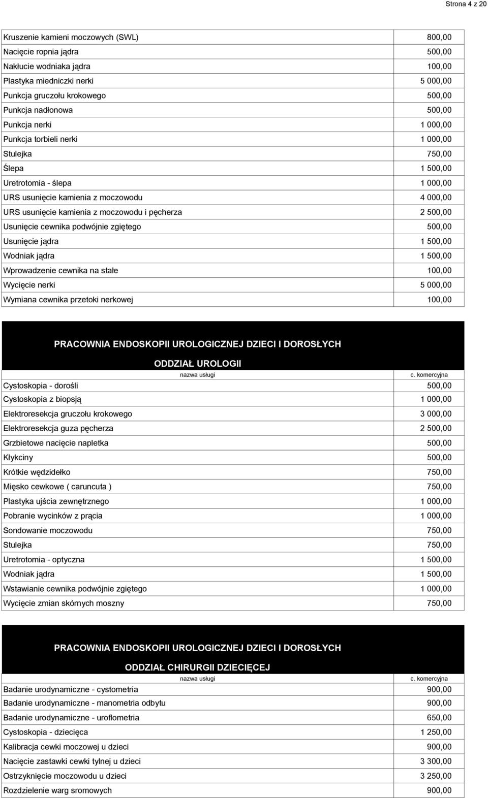 z moczowodu i pęcherza 2 500,00 Usunięcie cewnika podwójnie zgiętego 500,00 Usunięcie jądra 1 500,00 Wodniak jądra 1 500,00 Wprowadzenie cewnika na stałe 100,00 Wycięcie nerki 5 000,00 Wymiana