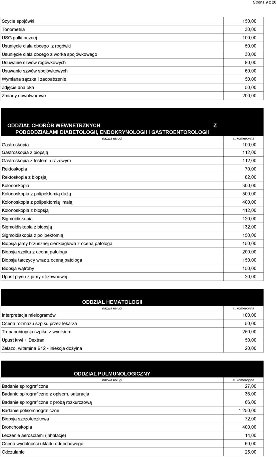 GASTROENTOROLOGII Gastroskopia 100,00 Gastroskopia z biopsją 112,00 Gastroskopia z testem urazowym 112,00 Rektoskopia 70,00 Rektoskopia z biopsją 82,00 Kolonoskopia 300,00 Kolonoskopia z polipektomią