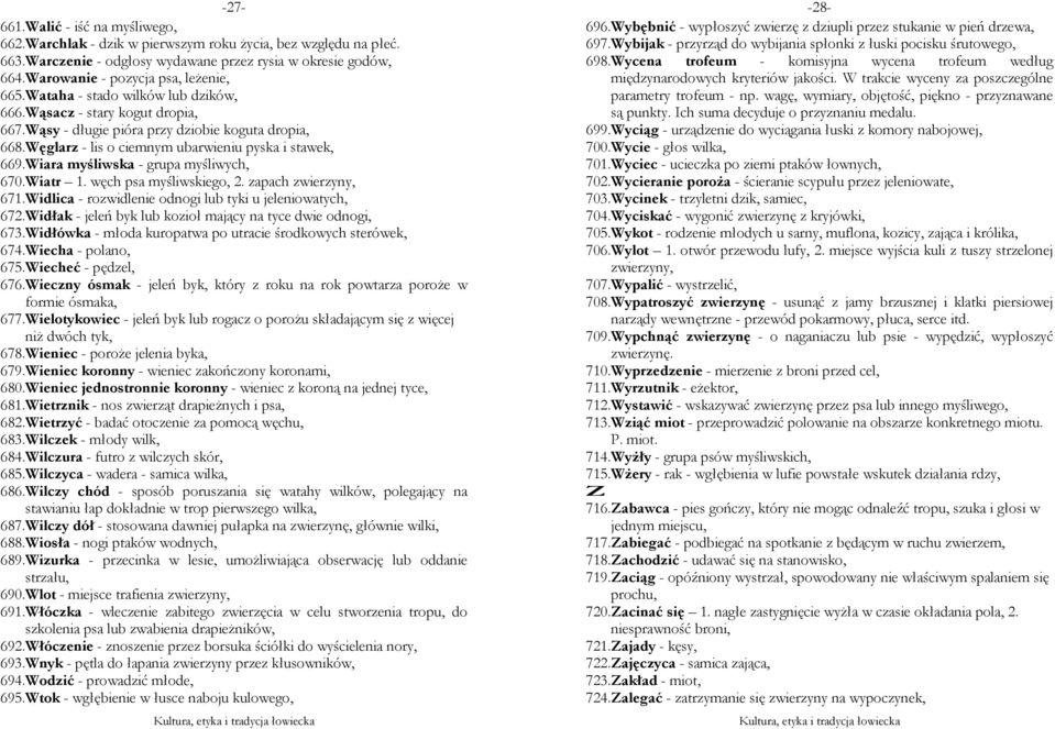 Węglarz - lis o ciemnym ubarwieniu pyska i stawek, 669. Wiara myśliwska - grupa myśliwych, 670. Wiatr 1. węch psa myśliwskiego, 2. zapach zwierzyny, 671.