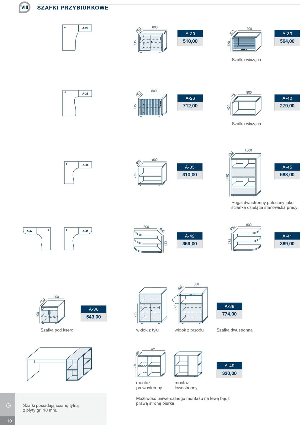 A-42 369,00 A-41 369,00 A-36 543,00 A-38 774,00 Szafka pod ksero widok z tyłu widok z przodu Szafka dwustronna A-49