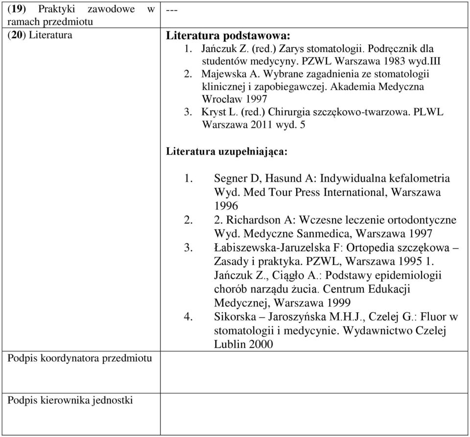 5 Literatura uzupełniająca: Podpis koordynatora przedmiotu. Segner D, Hasund A: Indywidualna kefalometria Wyd. Med Tour Press International, Warszawa 996.