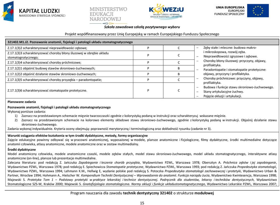 17.1(2)1 objaśnid budowę stawów skroniowo-żuchwowych; B Z.17.1(2)2 objaśnid działanie stawów skroniowo-żuchwowych; B Z.17.1(3)5 scharakteryzowad choroby przyzębia paradontopatie; Z.17.1(3)6 scharakteryzowad stomatopatie protetyczne.