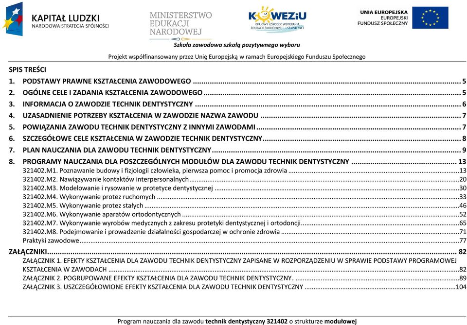 OWIĄZANIA ZAWODU TEHNIK DENTYSTYZNY Z INNYMI ZAWODAMI... 7 6. SZZEGÓŁOWE ELE KSZTAŁENIA W ZAWODZIE TEHNIK DENTYSTYZNY... 8 7. LAN NAUZANIA DLA ZAWODU TEHNIK DENTYSTYZNY... 9 8.