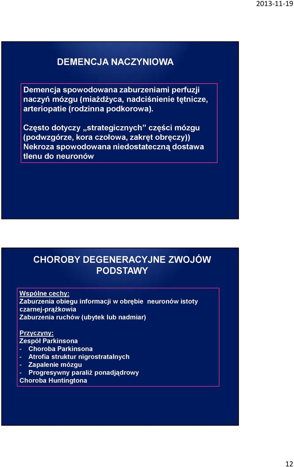 CHOROBY DEGENERACYJNE ZWOJÓW PODSTAWY Wspólne cechy: Zaburzenia obiegu informacji w obrębie neuronów istoty czarnej-prążkowia Zaburzenia ruchów (ubytek