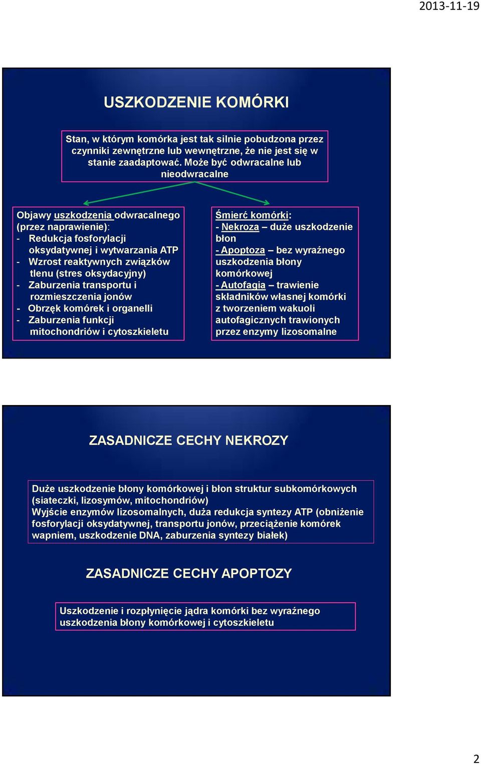 oksydacyjny) - Zaburzenia transportu i rozmieszczenia jonów - Obrzęk komórek i organelli - Zaburzenia funkcji mitochondriów i cytoszkieletu Śmierć komórki: - Nekroza duże uszkodzenie błon - Apoptoza