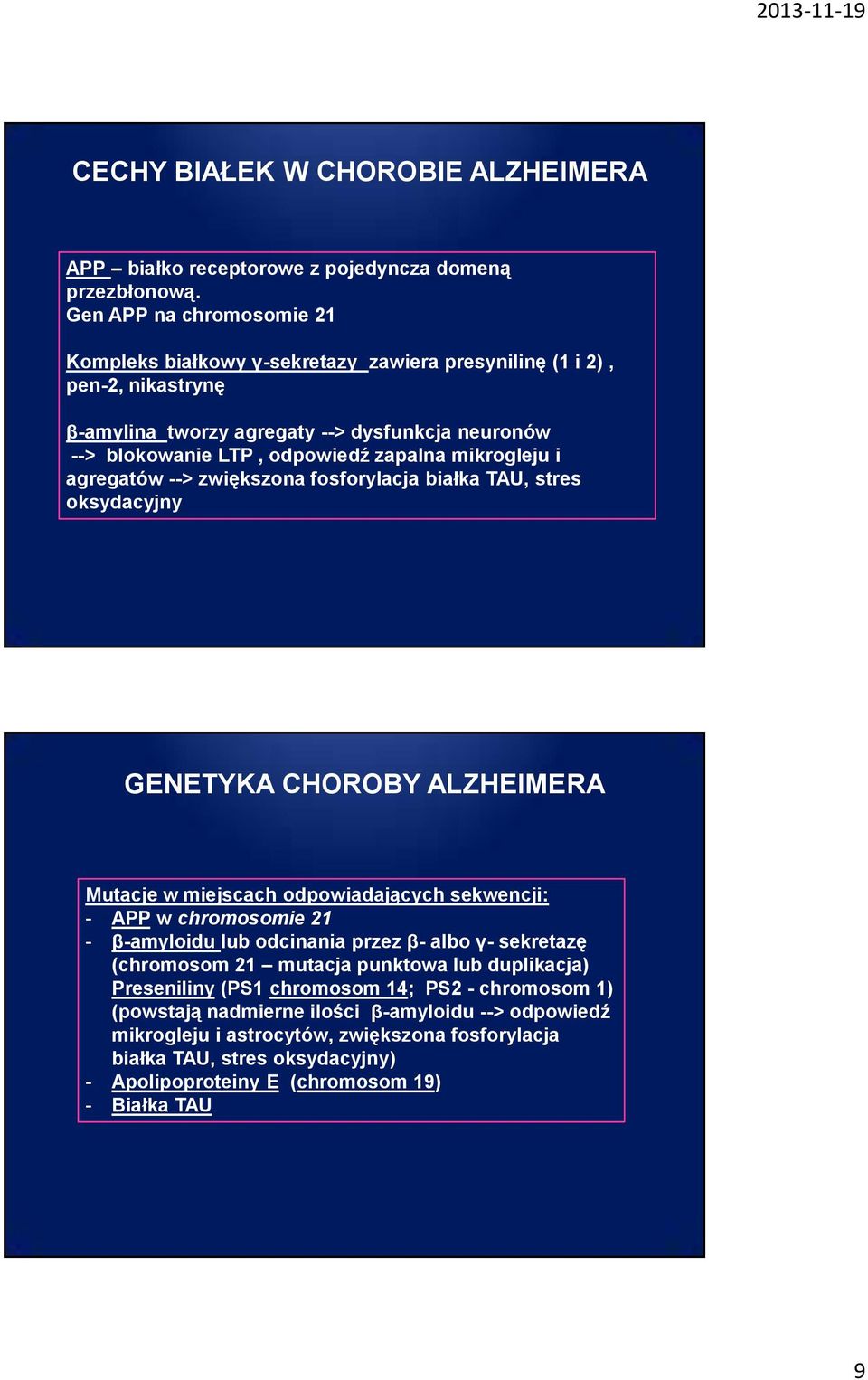 mikrogleju i agregatów --> zwiększona fosforylacja białka TAU, stres oksydacyjny GENETYKA CHOROBY ALZHEIMERA Mutacje w miejscach odpowiadających sekwencji: - APP w chromosomie 21 - β-amyloidu lub