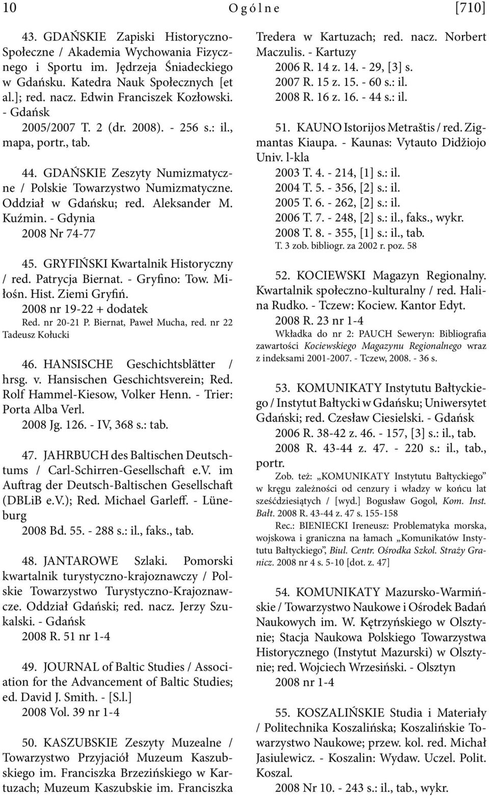 Aleksander M. Kuźmin. - Gdynia 2008 Nr 74-77 45. GRYFIŃSKI Kwartalnik Historyczny / red. Patrycja Biernat. - Gryfino: Tow. Miłośn. Hist. Ziemi Gryfiń. 2008 nr 19-22 + dodatek Red. nr 20-21 P.