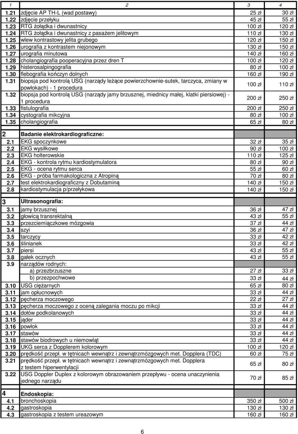 27 urografia minutowa 140 zł 160 zł 1.28 cholangiografia pooperacyjna przez dren T 100 zł 120 zł 1.29 histerosalpingografia 80 zł 100 zł 1.30 flebografia kończyn dolnych 160 zł 190 zł 1.