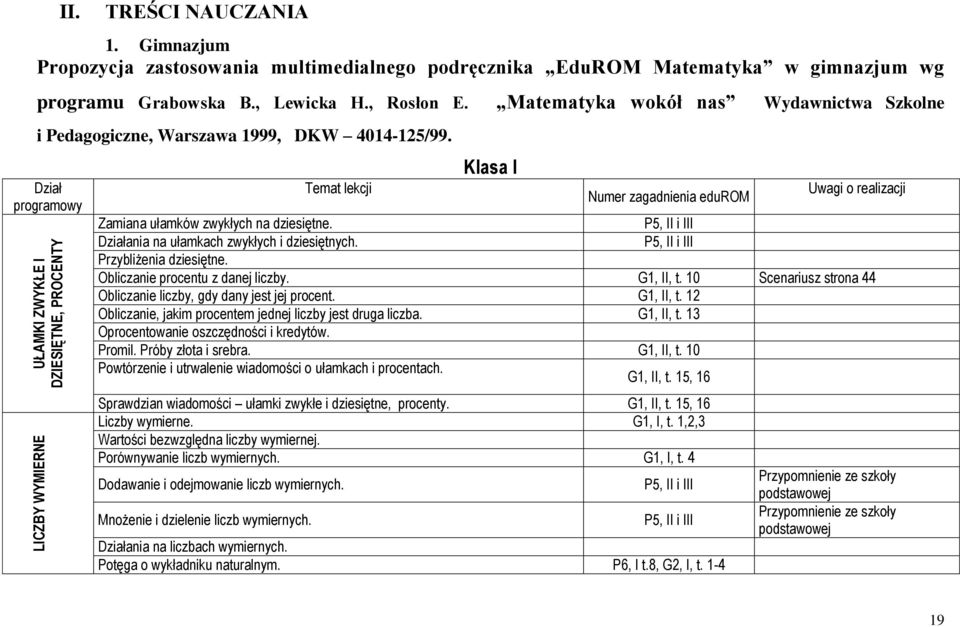 Dział programowy Temat lekcji Klasa I Numer zagadnienia edurom Uwagi o realizacji Zamiana ułamków zwykłych na dziesiętne. P5, II i III Działania na ułamkach zwykłych i dziesiętnych.