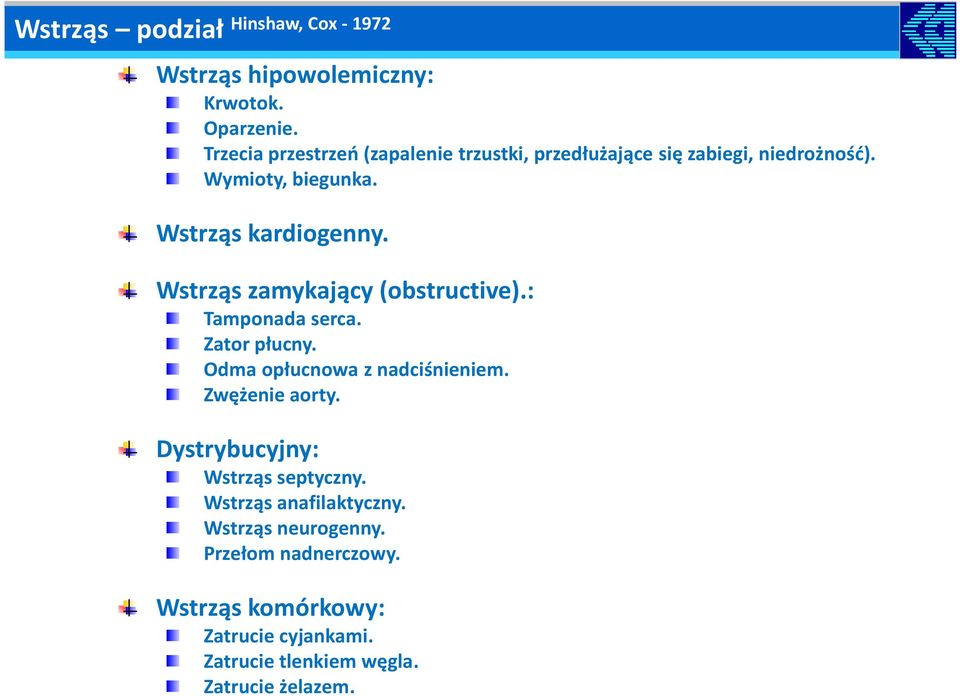 Wstrząs zamykający (obstructive).: Tamponada serca. Zator płucny. Odma opłucnowa z nadciśnieniem. Zwężenie aorty.