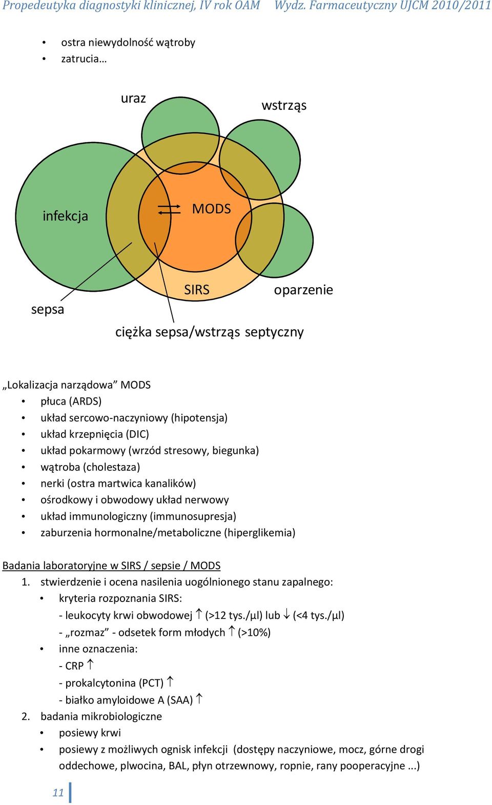 hormonalne/metaboliczne (hiperglikemia) Badania laboratoryjne w SIRS / sepsie / MODS 1.