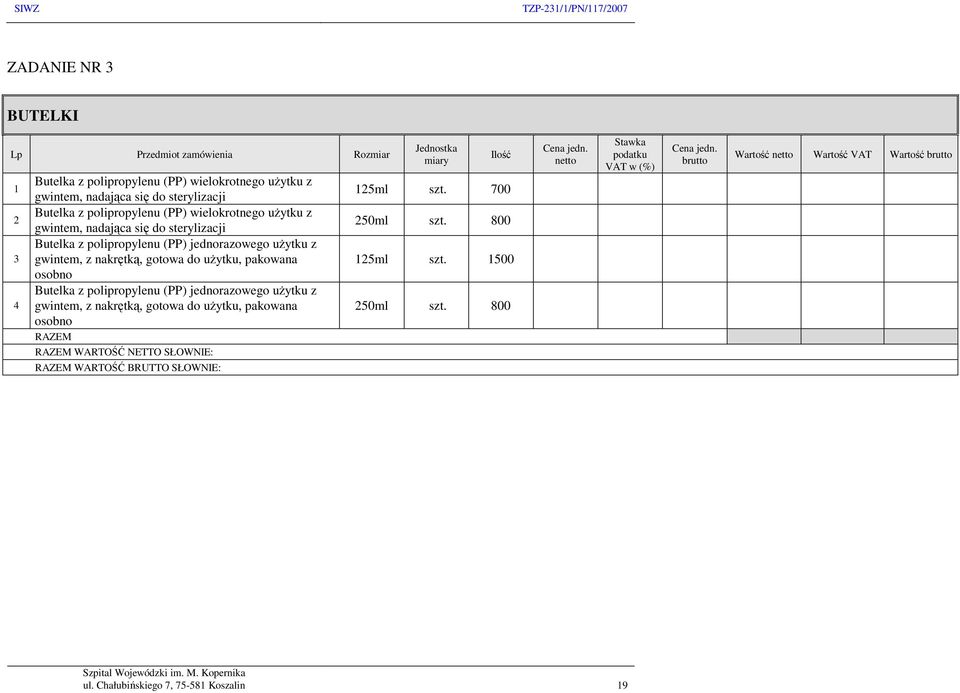 polipropylenu (PP) jednorazowego użytku z gwintem, z nakrętką, gotowa do użytku, pakowana osobno RAZEM RAZEM WARTOŚĆ NETTO SŁOWNIE: RAZEM WARTOŚĆ BRUTTO SŁOWNIE: Jednostka miary Ilość
