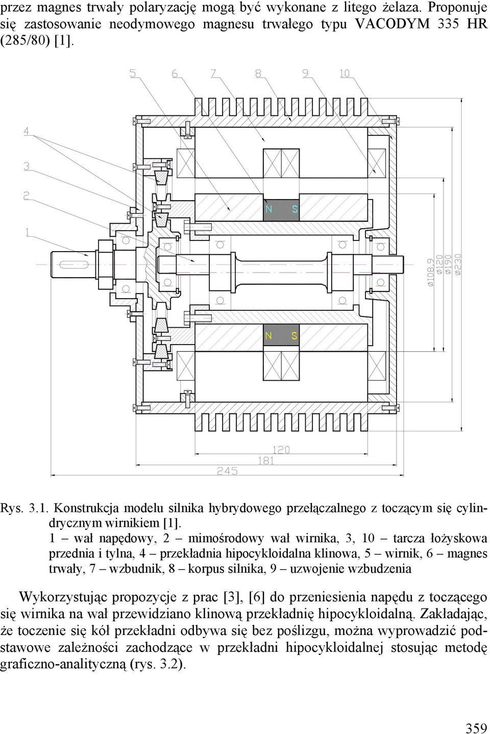 1 wał napędowy, 2 mimośrodowy wał wirnika, 3, 10 tarcza łożyskowa przednia i tylna, 4 przekładnia hipocykloidalna klinowa, 5 wirnik, 6 magnes trwały, 7 wzbudnik, 8 korpus silnika, 9 uzwojenie