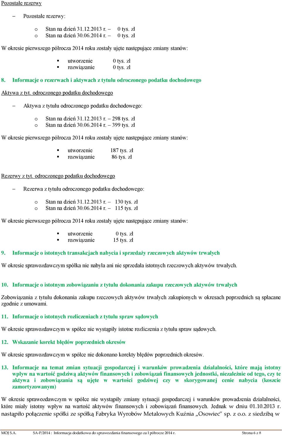 298 tys. zł Stan na dzień 30.06.2014 r. 399 tys. zł W kresie pierwszeg półrcza 2014 rku zstały ujęte następujące zmiany stanów: utwrzenie 187 tys. zł rzwiązanie 86 tys. zł Rezerwy z tyt.