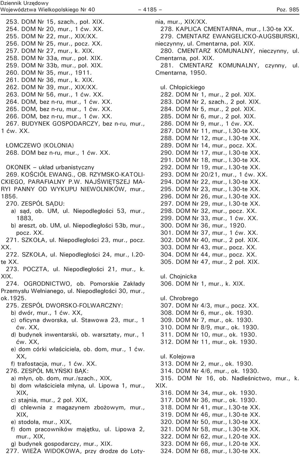 DOM, bez n-ru, mur., 1 ćw. XX. 265. DOM, bez n-ru, mur., 1 ćw. XX. 266. DOM, bez n-ru, mur., 1 ćw. XX. 267. BUDYNEK GOSPODARCZY, bez n-ru, mur., 1 ćw. XX. ŁOMCZEWO (KOLONIA) 268. DOM bez n-ru, mur.