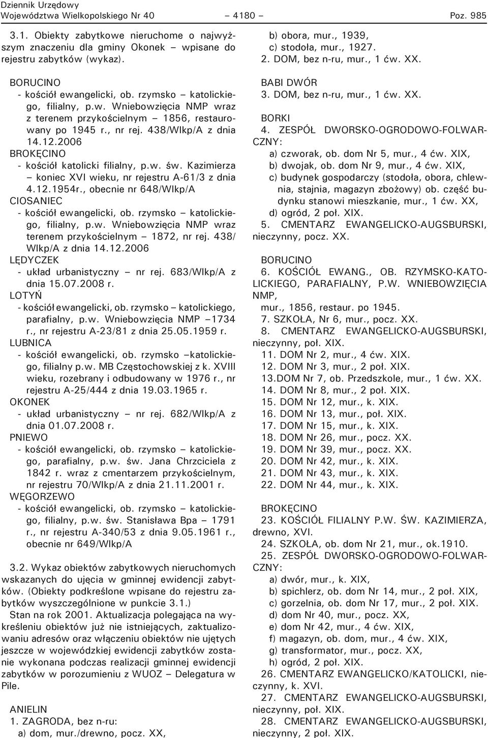 Kazimierza koniec XVI wieku, nr rejestru A-61/3 z dnia 4.12.1954r., obecnie nr 648/Wlkp/A CIOSANIEC - kościół ewangelicki, ob. rzymsko katolickiego, filialny, p.w. Wniebowzięcia NMP wraz terenem przykościelnym 1872, nr rej.