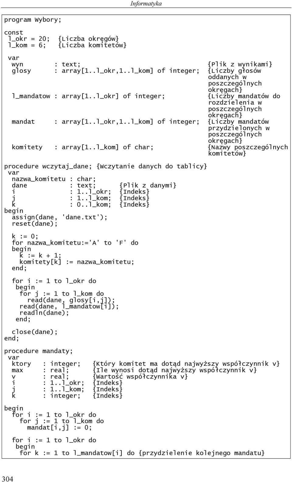 .l_kom] of integer; {Liczby mandatów przydzielonych w poszczególnych okręgach} komitety : array[.