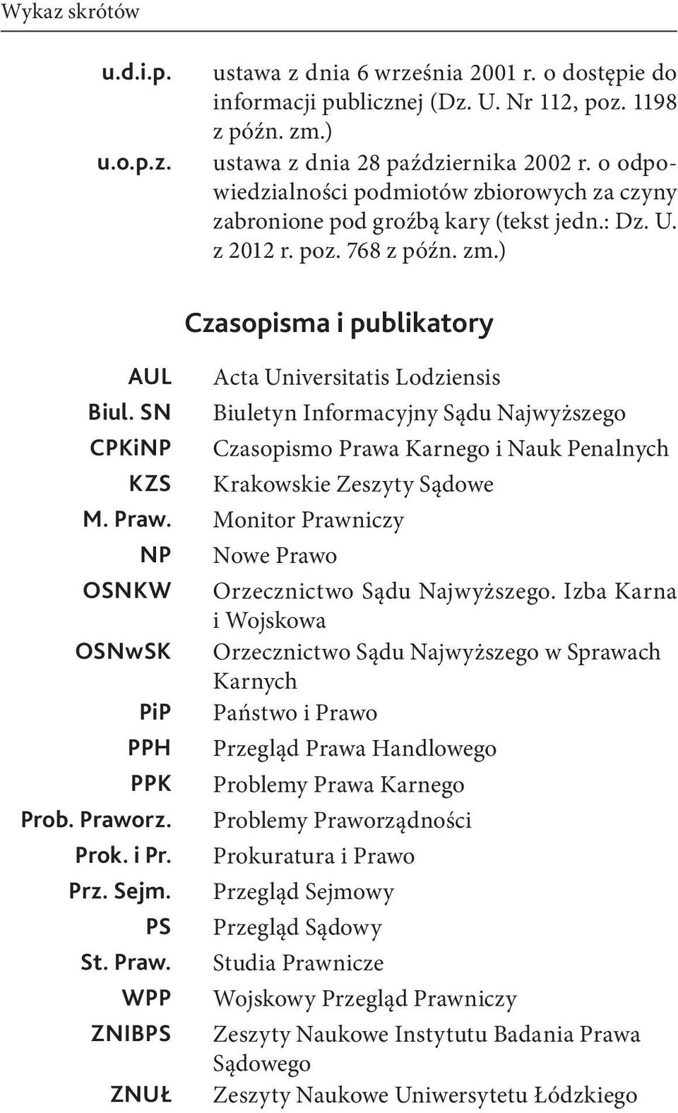 SN Biuletyn Informacyjny Sądu Najwyższego CPKiNP Czasopismo Prawa Karnego i Nauk Penalnych KZS Krakowskie Zeszyty Sądowe M. Praw. Monitor Prawniczy NP Nowe Prawo OSNKW Orzecznictwo Sądu Najwyższego.