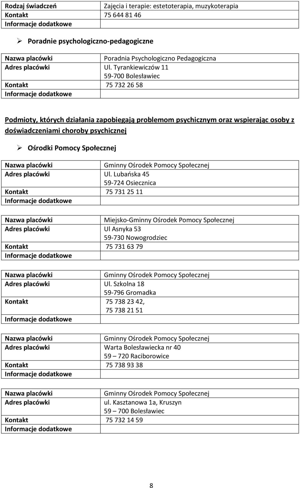 Społecznej Gminny Ośrodek Pomocy Społecznej Adres placówki Ul.