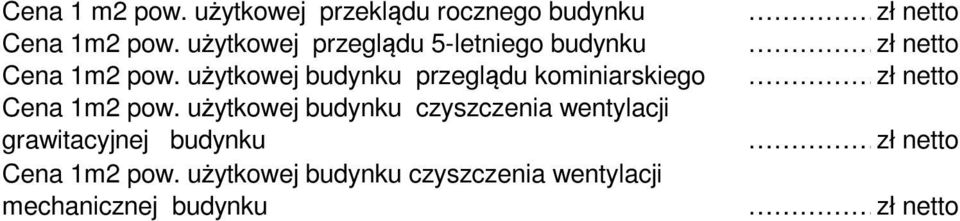 użytkowej budynku przeglądu kominiarskiego Cena 1m2 pow.