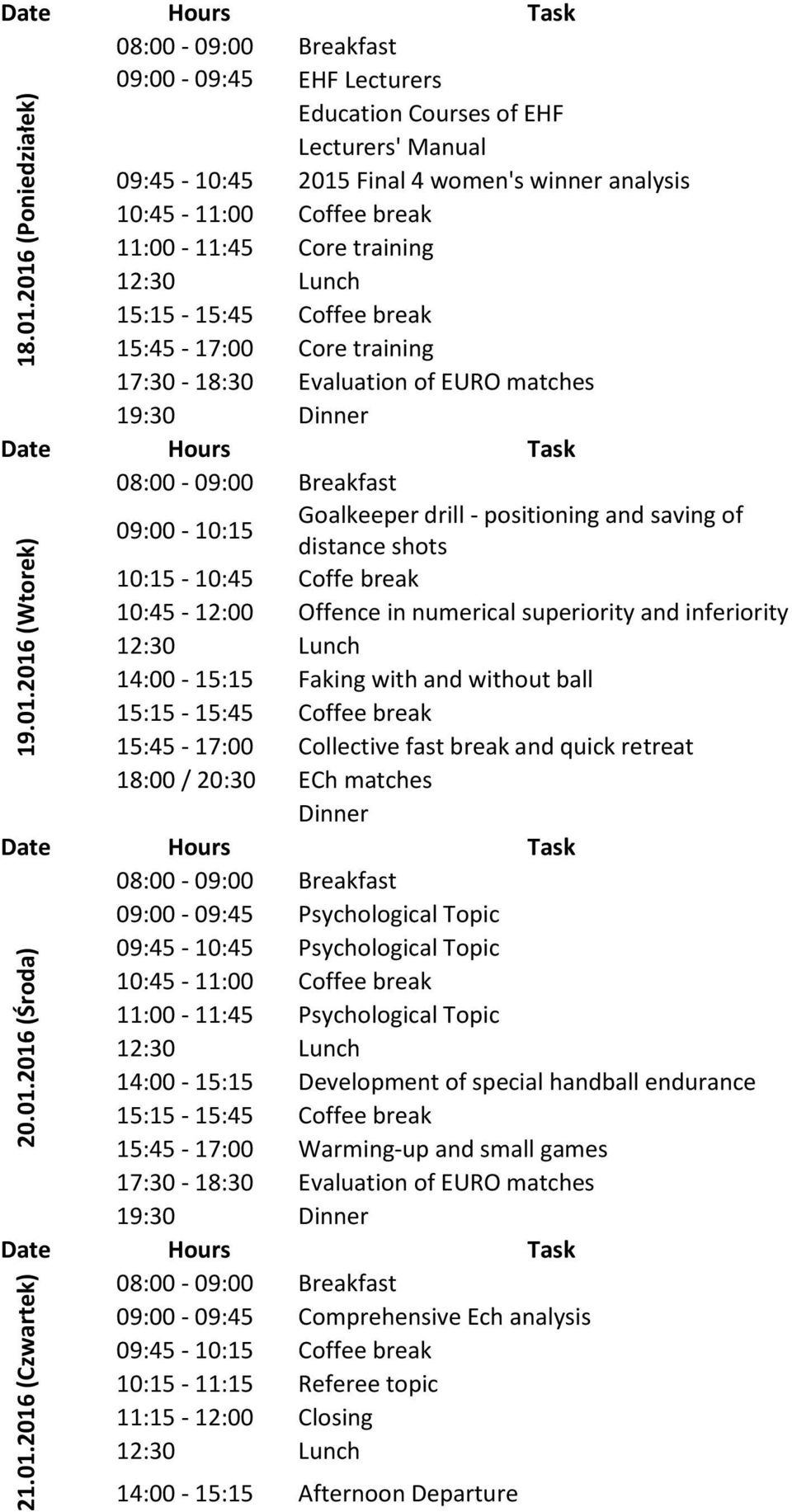 inferiority 14:00-15:15 Faking with and without ball 15:45-17:00 Collective fast break and quick retreat 18:00 / 20:30 ECh matches 09:00-09:45 Psychological Topic 09:45-10:45 Psychological Topic