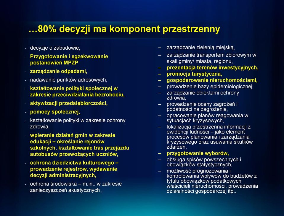 edukacji określanie rejonów szkolnych, kształtowanie tras przejazdu autobusów przewożących uczniów, - ochrona dziedzictwa kulturowego prowadzenie rejestrów, wydawanie decyzji administracyjnych, -