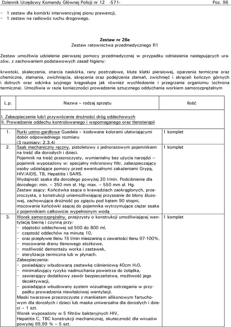 krwotoki, skaleczenia, otarcia naskórka, rany postrzałowe, kłute klatki piersiowej, oparzenia termiczne oraz chemiczne, złamania, zwichnięcia, skręcenia oraz podejrzenia złamań, zwichnięć i skręceń