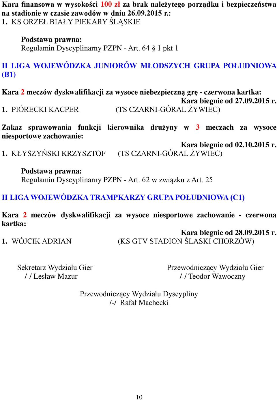 64 1 pkt 1 II LIGA WOJEWÓDZKA JUNIORÓW MŁODSZYCH GRUPA POŁUDNIOWA (B1) Kara 2 meczów dyskwalifikacji za wysoce niebezpieczną grę - czerwona kartka: 1.