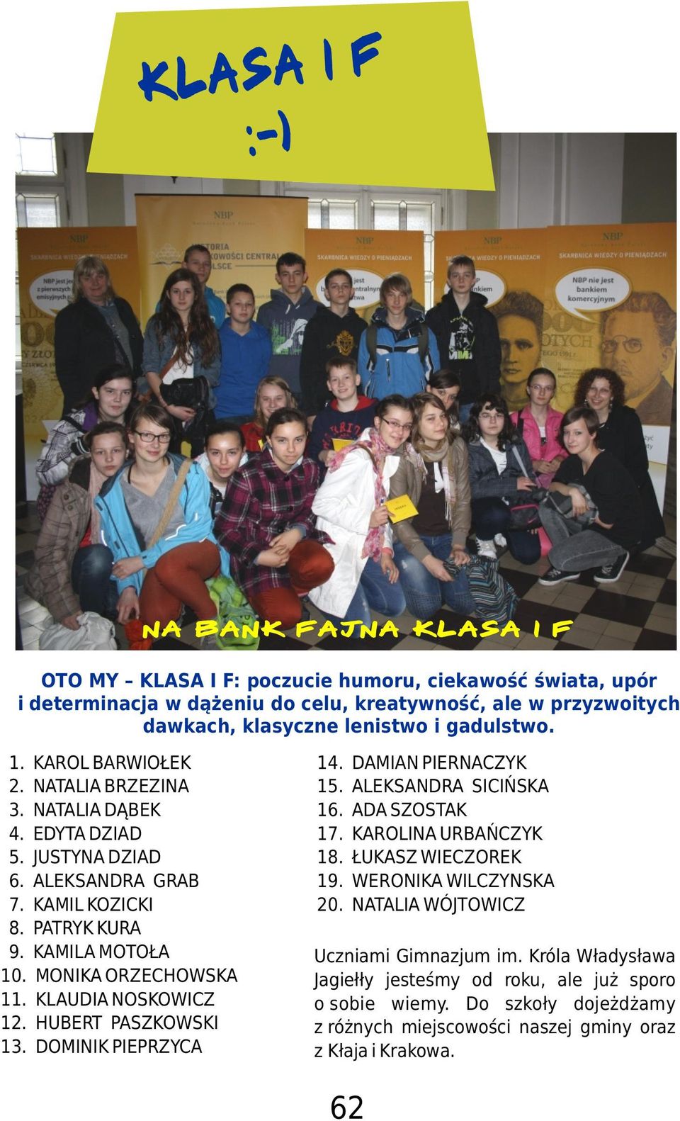 UKASZ WIECZOREK 6. ALEKSANDRA GRAB 19. WERONIKA WILCZYNSKA 7. KAMIL KOZICKI 20. NATALIA WÓJTOWICZ 8. PATRYK KURA 9. KAMILA MOTO A Uczniami Gimnazjum im. Króla W³adys³awa 10.