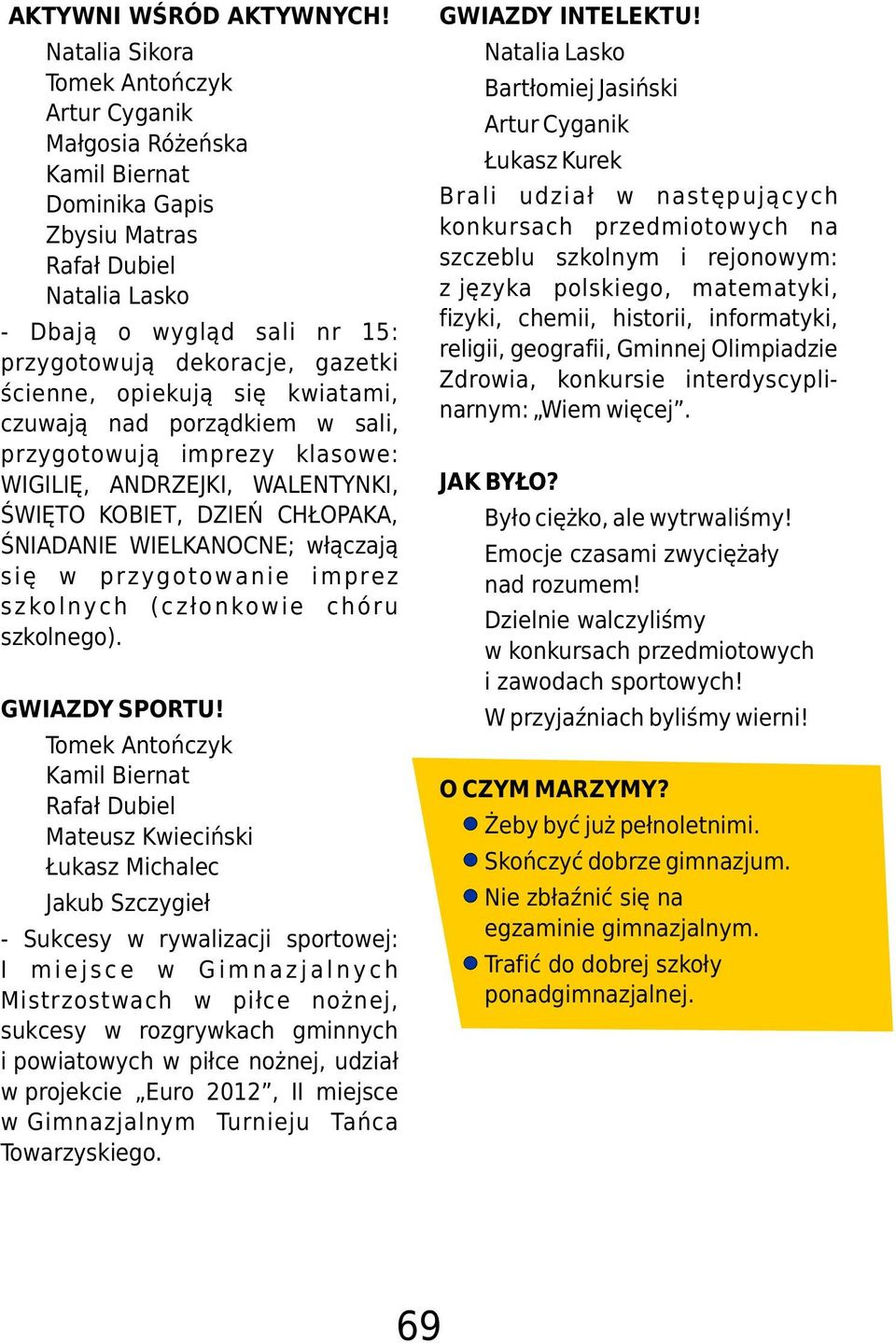 szkolnym i rejonowym: z"jêzyka polskiego, matematyki, fizyki, chemii, historii, informatyki, religii, geografii, Gminnej Olimpiadzie Zdrowia, konkursie interdyscypli- narnym: Wiem wiêcej.