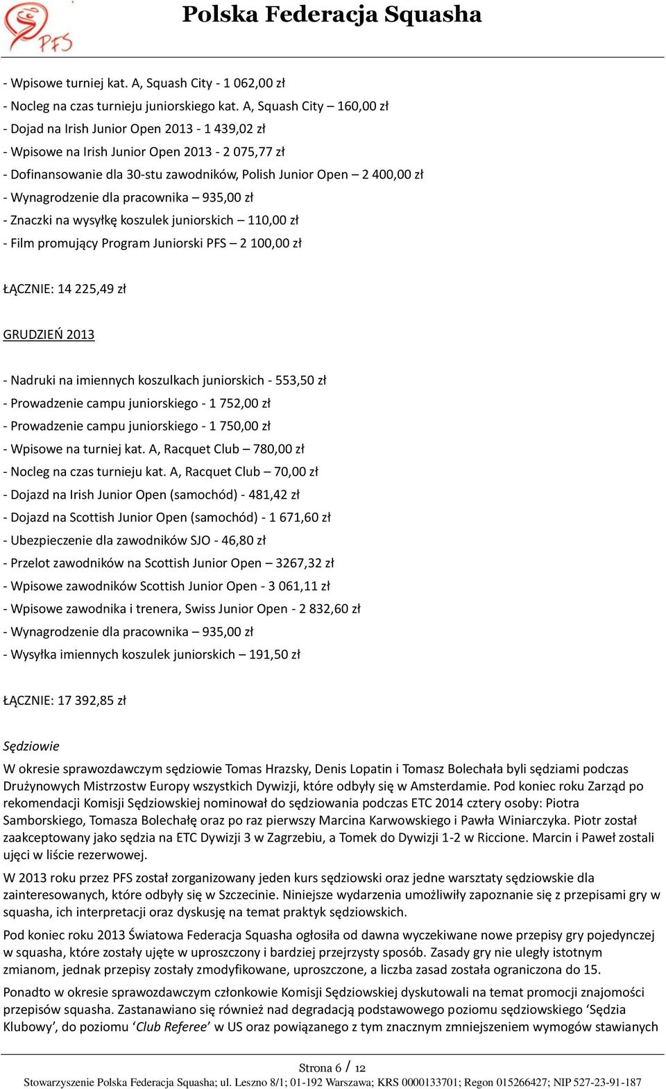 Wynagrodzenie dla pracownika 935,00 zł - Znaczki na wysyłkę koszulek juniorskich 110,00 zł - Film promujący Program Juniorski PFS 2 100,00 zł ŁĄCZNIE: 14 225,49 zł GRUDZIEŃ 2013 - Nadruki na