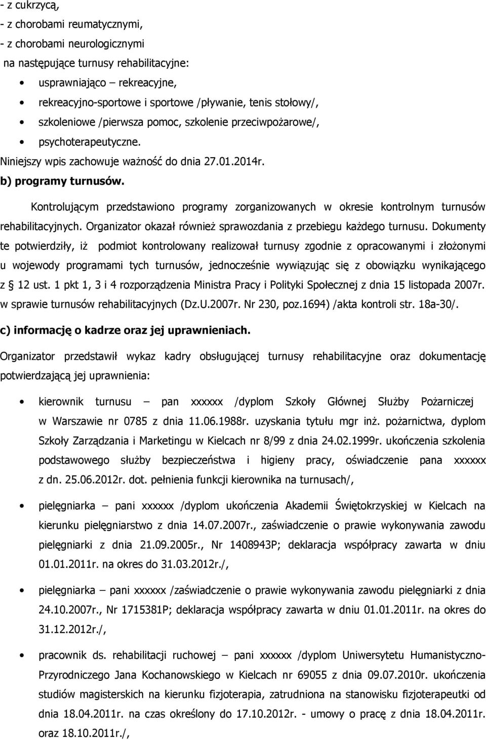 Kontrolującym przedstawiono programy zorganizowanych w okresie kontrolnym turnusów rehabilitacyjnych. Organizator okazał również sprawozdania z przebiegu każdego turnusu.